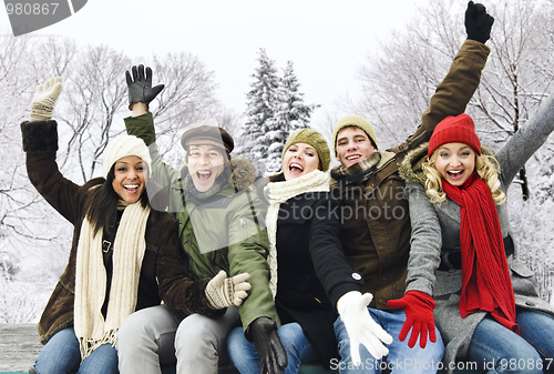 Image of Group of happy friends outside in winter