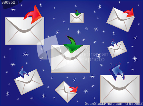 Image of Postal envelopes on turn blue background