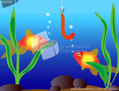 Image of Tropical fishes beside hook with bait