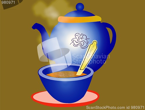 Image of Teapot and cup of hot tea