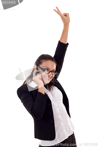Image of woman on the phone winning