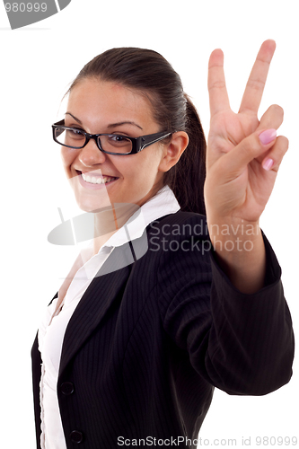 Image of  woman showing victory sign
