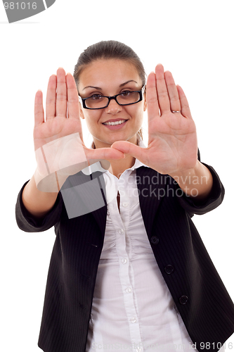 Image of woman showing framing hand