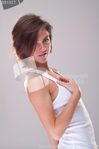 Image of model in white undershirt 