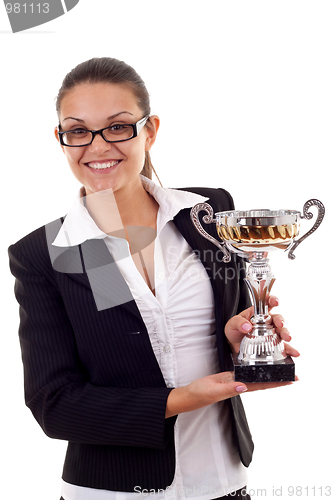 Image of business woman winning a trophy