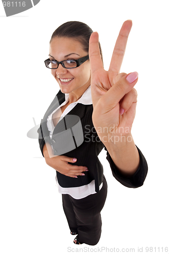 Image of  woman making her victory sign