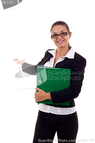 Image of woman with folder presenting