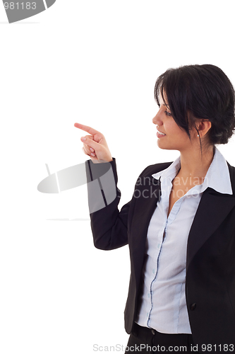 Image of woman pointing to her side