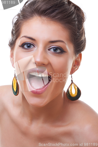 Image of blue eyed woman screaming