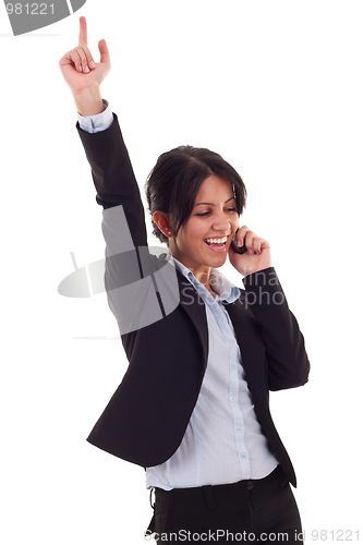 Image of woman on the phone winning