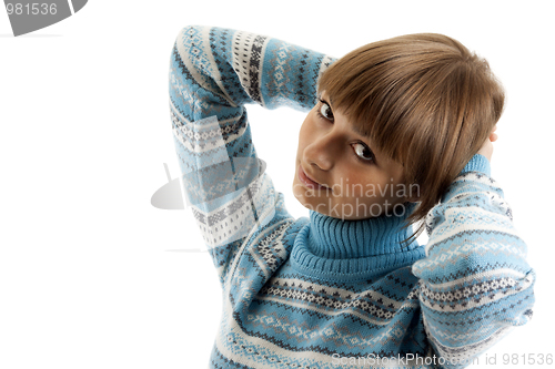 Image of Portrait of the girl in blue sweater