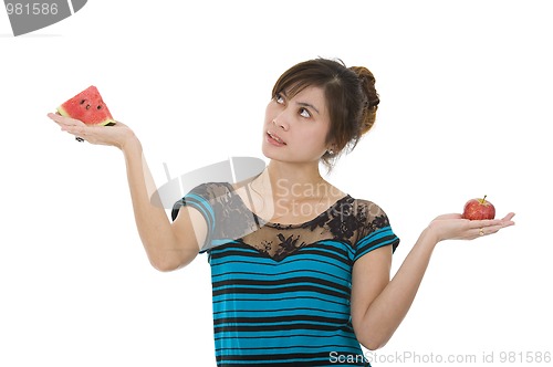 Image of woman with water melon and apple