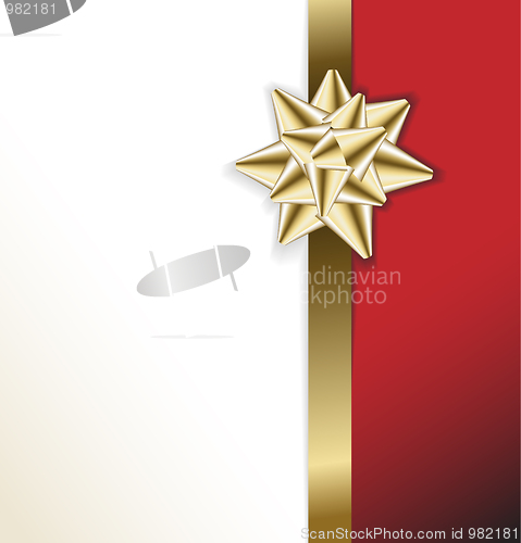 Image of golden bow on a ribbon with white and red background