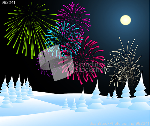 Image of Winter christmas landscape with fireworks