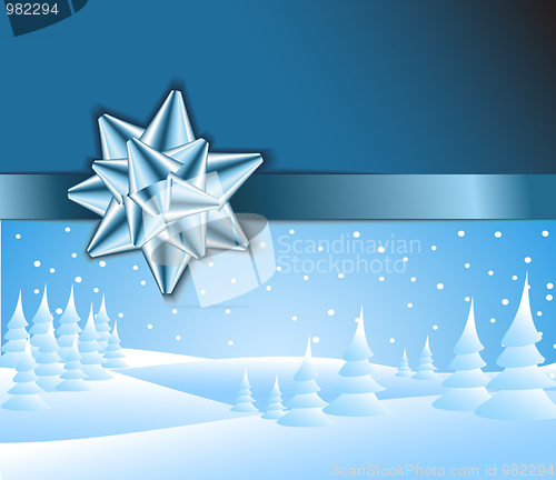 Image of Blue Christmas card with snowy landscape