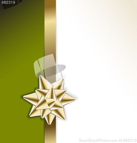 Image of golden bow on a ribbon with green background