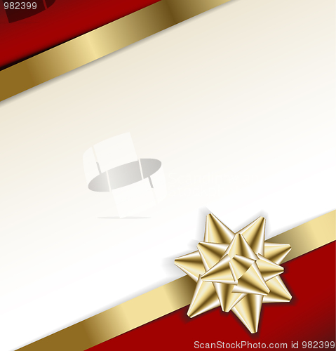 Image of golden bow on a ribbon with white and red background