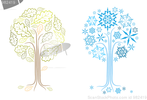 Image of vector oak tree in different seasons