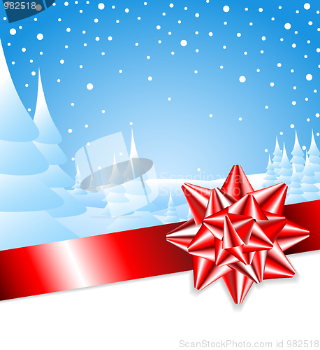 Image of Red ribbon with bow with Christmas landscape