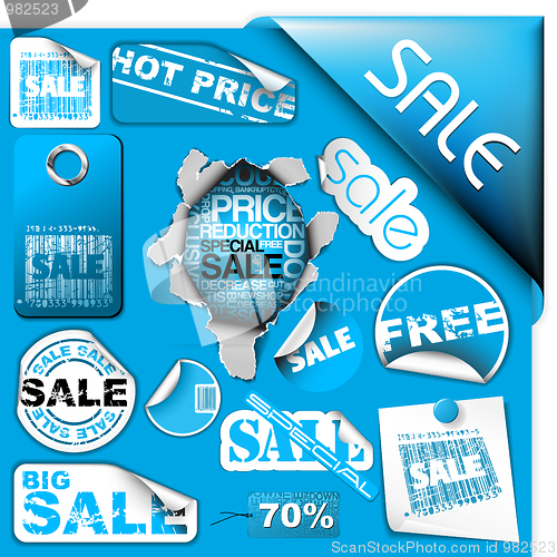 Image of Set of blue sale tickets, labels, stamps ...