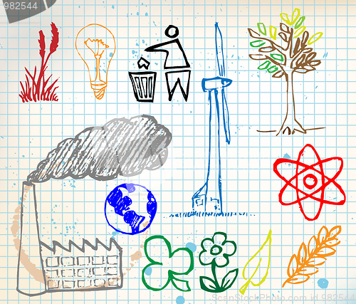 Image of Set of colorful ecology hand-drawn icons