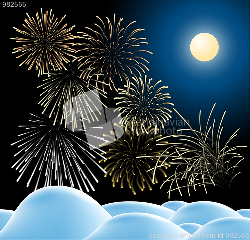 Image of Winter christmas landscape with fireworks