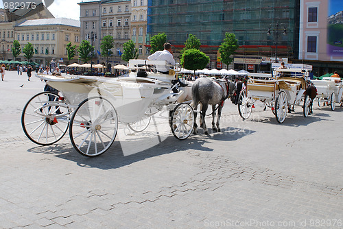 Image of Horse-drawn buggies trot around Krakow 