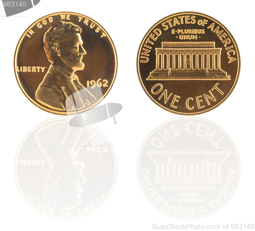 Image of USA one cent with reflection