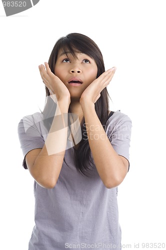 Image of scared young woman looking up