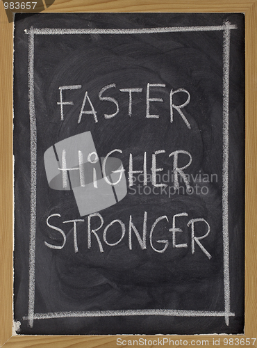 Image of faster, higher, stronger on blackboard