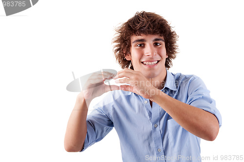 Image of cute boy, smiling and putting hands like if was eating an hamburger