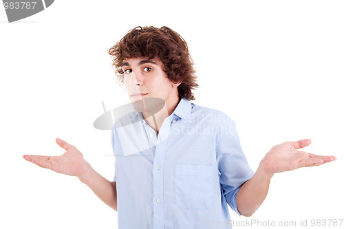 Image of worried young man with open arms