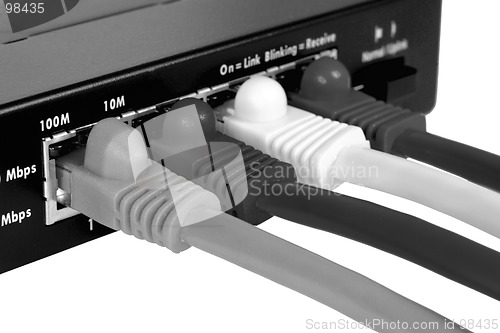 Image of Router and cables. B&W macro