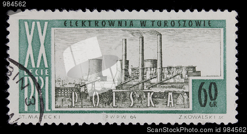 Image of coal power plant on vintage post stamp from Poland