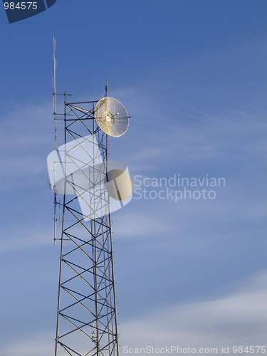 Image of telecommunications tower with blue sky in background