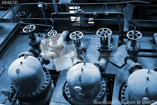 Image of Industrial zone, Steel pipelines in blue tones