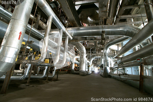 Image of Industrial zone, Steel pipelines inside factory 