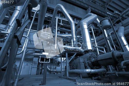 Image of Industrial zone, Steel pipelines in blue tones