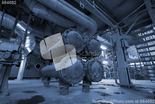 Image of Industrial zone, Steel pipelines in blue tones  