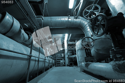 Image of Industrial zone, Steel pipelines in blue tones 