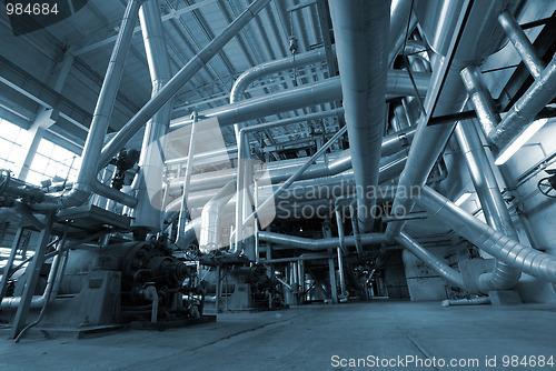 Image of Industrial zone, Steel pipelines in blue tones 