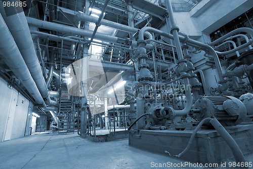 Image of Industrial zone, Steel pipelines in blue tones