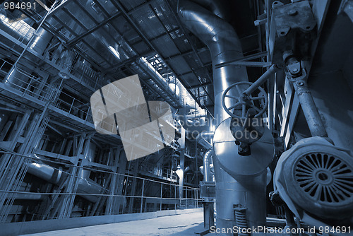 Image of Industrial zone, Steel pipelines in blue tones