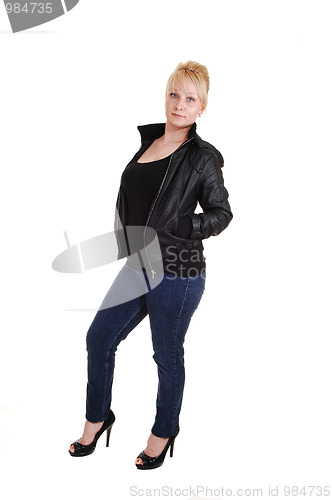 Image of Blond girl in leather jacket.