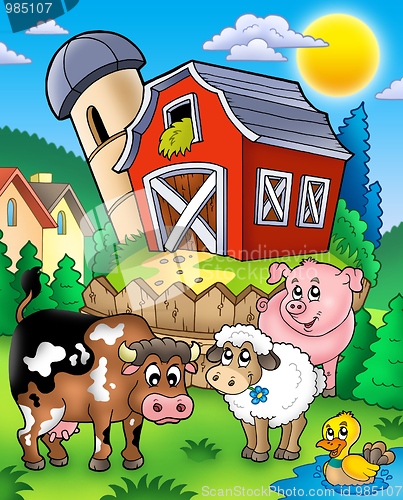 Image of Farm animals near barn