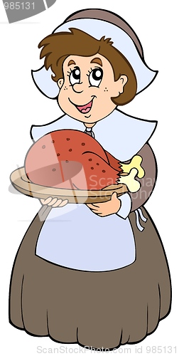 Image of Pilgrim woman with roast turkey