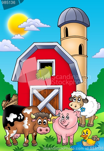 Image of Big red barn with farm animals