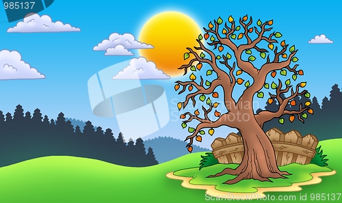 Image of Leafy tree in autumn landscape