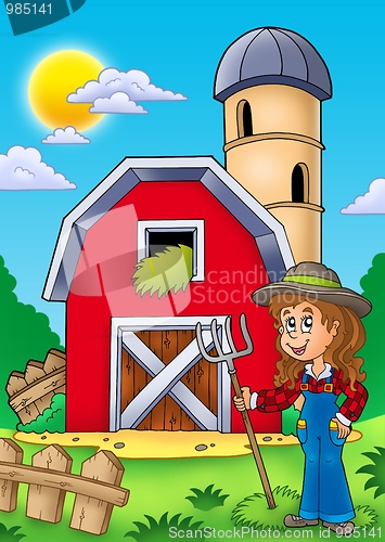 Image of Big red barn with farmer girl