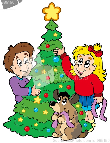 Image of Two kids decorating Christmas tree